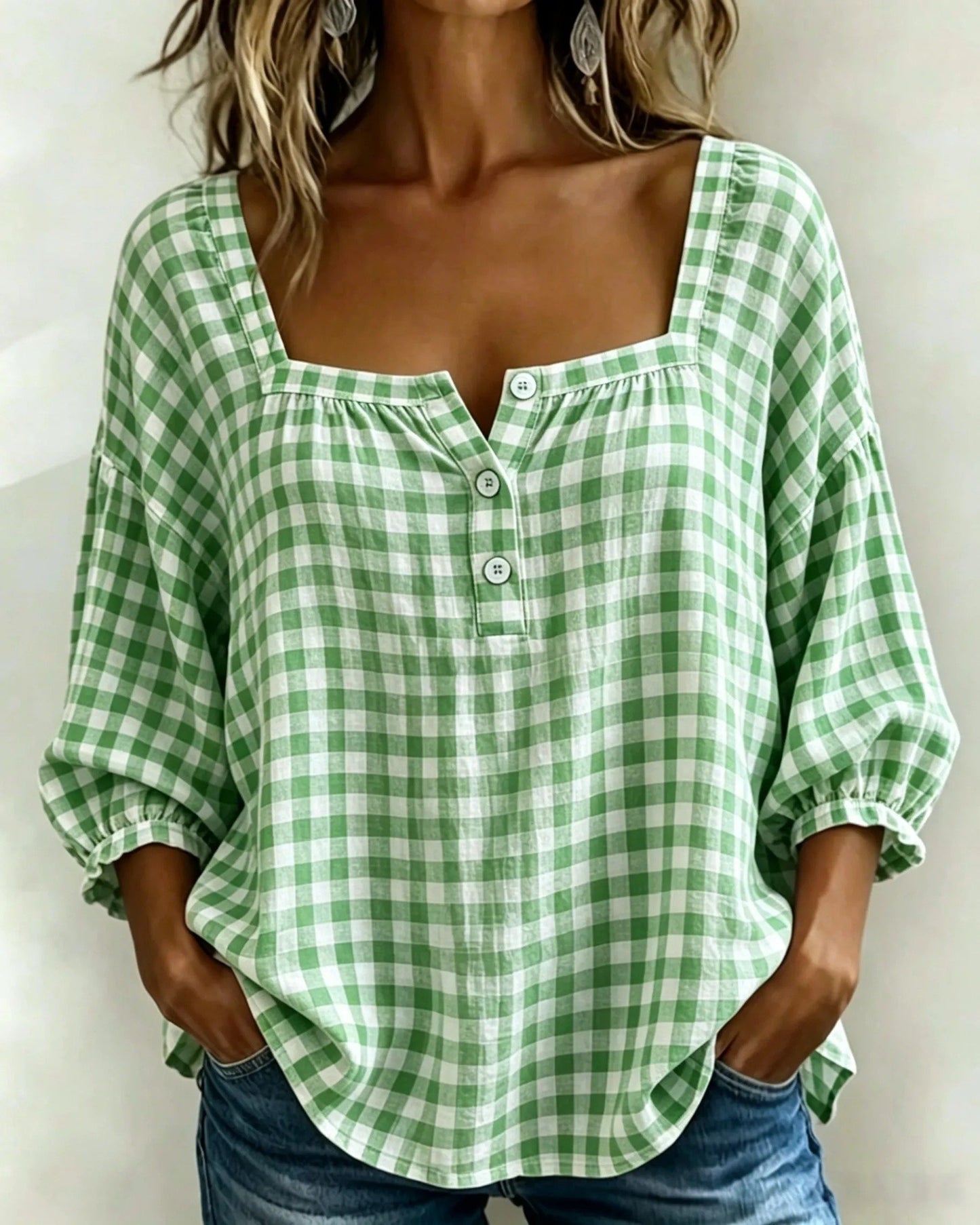 🔥LAST DAY 49% OFF - 🌸Women's Cotton Linen Gingham Square-Neck Short-Sleeve Top